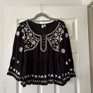 Anthropologie Meadow Rue Black Blouse with White Embroidery